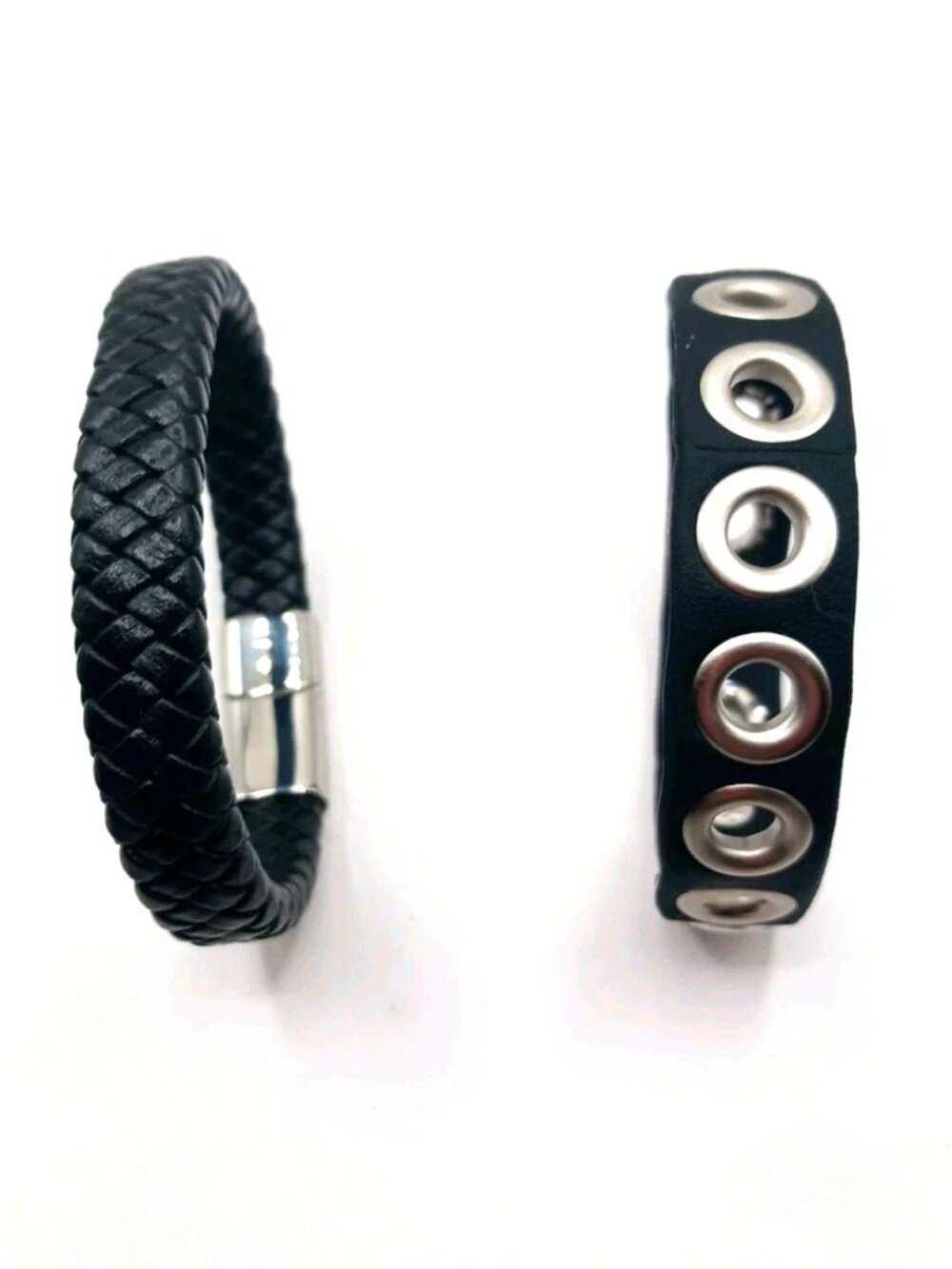Braided Black Leather Bracelet+ Black Rubber Grommet Bracelet New